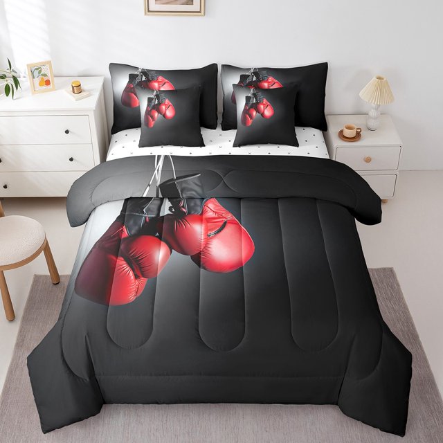 YST Boxing 7 Pcs Comforter Set King Sports Game Theme Sheet Set Bed In A Bag For Boys Men Adults Competitive Boxing Gloves Pattern Grey Red Down Comforter