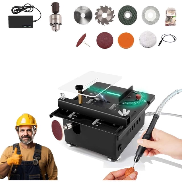 WIFKLSIIPG Mini Multi-Functional Table Saw with a compact black design, transparent guard, and adjustable cutting angles from 0° to 90°. Powered by a 100W motor with 7 adjustable gears for precise cutting. Includes multiple circular saw blades for wood, aluminum, copper, and other materials. Portable and ideal for DIY crafts and model creation.