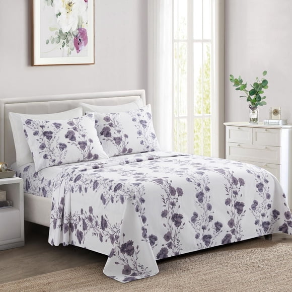 Literie Marina Décoration ultra douce et soyeuse, imprimée, en rayonne de bambou, toutes saisons, avec taies d'oreiller, motif floral œillet violet
