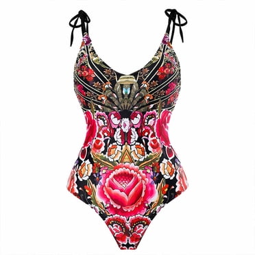RKSTN Maillot de Bain pour Femme Imprimé Vintage une-Pièce à Lacets Bikini Col en V Maillots de Bain Confortables