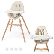 Costway Baby High Chair Wooden Feeding Chair with 4-Gear Tray & Removable Cushion Beige