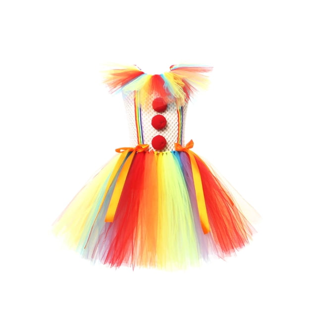 SUNSIOM Déguisements d'Halloween pour Fille Enfant Clown Robe de Cosplay Tulle Tutu Clown Robe Chapeau Gants Bas Ensemble de Fête