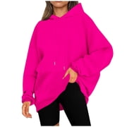 VINUSLI Long Sleeve Hoodie Shirts for Women Oversized Solid Color Pullover Drawstring Hoodies Lightweight Fall Casual Sweatshirt with Pocket Hot Pink,XXL