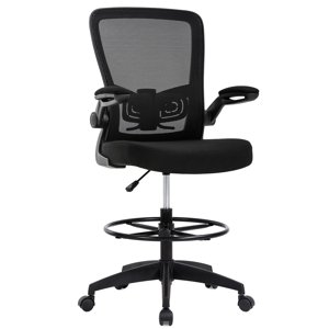 BestOffice Drafting Chaise Tall Hauteur réglable, Support Lombaire Flip Up Arms repose-pieds Tâche Mid Back Tabouret de rédaction en mesh pour debout, noir