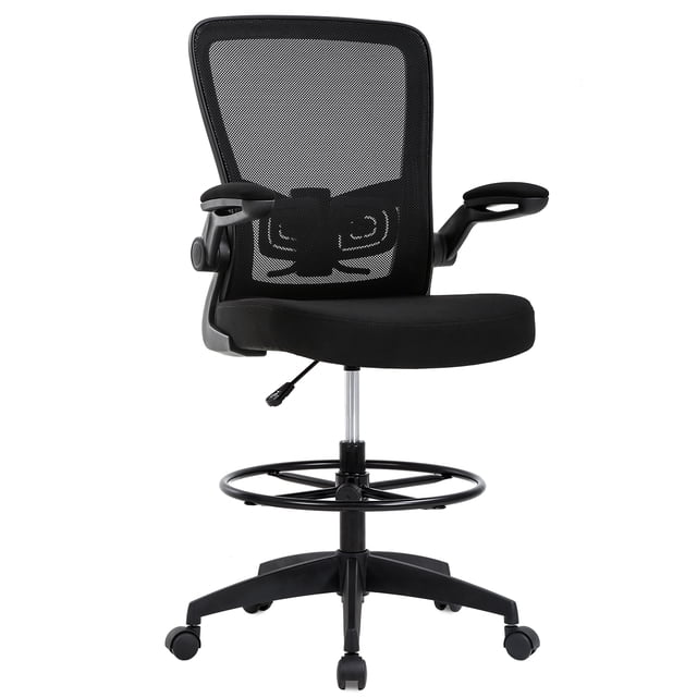 BestOffice Drafting Chair Tall Adjustable Height, Lumbar Support Flip Up Arms Footrest Mid Back Task Mesh Drafting Stool for Standing, Black