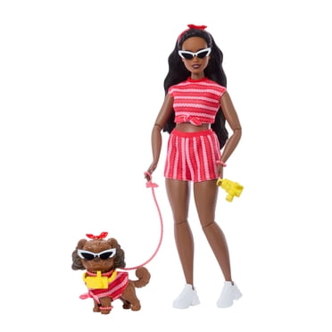 Barbie Twinning Looks Fashion Doll with Pet Dog, Matching Red Clothes & Accessories, Black Hair
