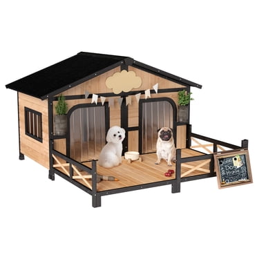 PawHut Wooden Dog House, Elevated Pet Bed with Porch Deck, Natural Wood