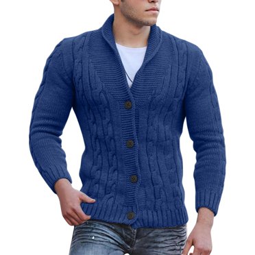 Ketyyh-chn99 Mens Zip Thick Knitted Cardigan Sweater with Pockets Mens Cable Knit Cardigan Sweater Shawl Collar Loose Fit Long Sleeve Casual Cardigans Blue,M
