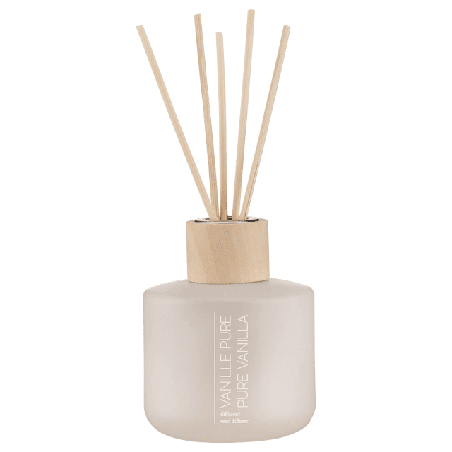 Bouclair Diffuseur de Vanille Pure 150 ml avec Bouteille en Verre Givré et Bouchon en Bois Naturel, Doté de Cinq Bâtonnets de Roseaux Qui Dispersent Délicatement le Parfum de Vanille Chaleureux, Idéal pour les Salons, les Chambres Ou les Salles de Bain pour Créer une Atmosphère Relaxante.