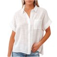 thumbnail image 2 of EGNMCR T Shirts for Women Ladies Solid Color Cotton And Linen Shirt Short Sleeve Lapel Button, 2 of 9