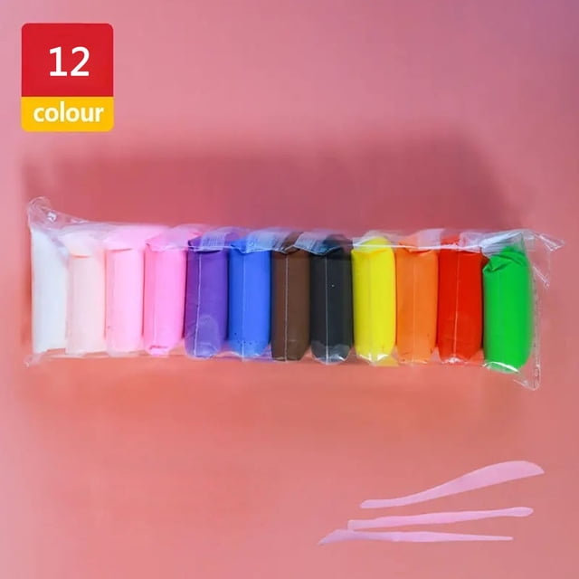 36-Color Air Dry Modeling Clay Kit with Tools, featuring 12 vibrant colors of non-toxic, soft modeling clay. Includes three sculpting tools for creative play and crafting. The clay is air-dry, requiring no baking, and is easy to shape for kids' art projects. Packaged in a clear plastic wrap, suitable for family activities, birthday parties, and educational use.