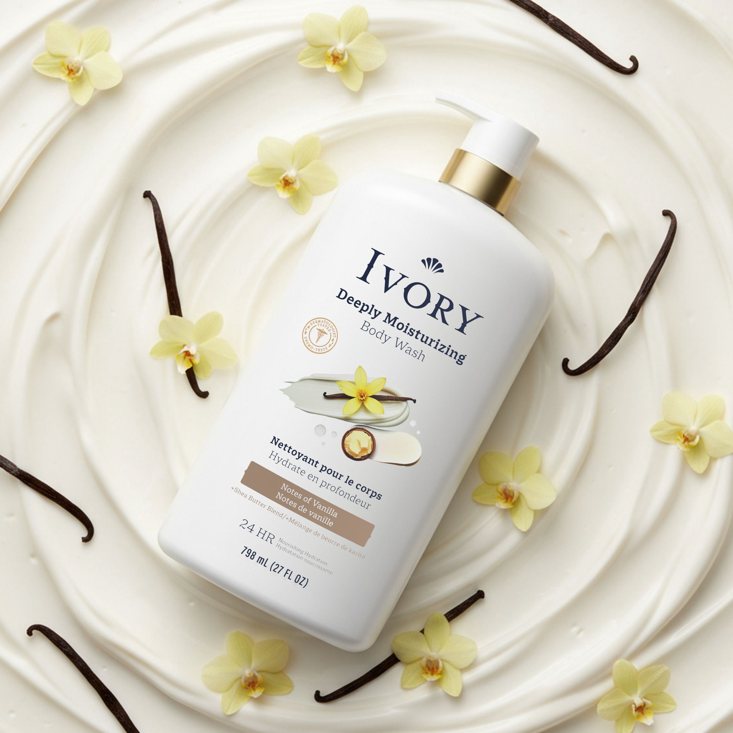 Nettoyant pour le corps Ivory Hydrate en profondeur, hydratation nourrissante pendant 24 h, apaise la peau sèche qui démange, fait d’un mélange de beurre de karité, parfum Notes de vanille, 798 mL