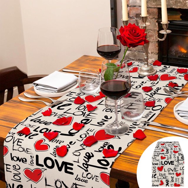 Boovnll Valentines Day Table Runner, 13x35" Valentine's Day Printing Table Runner, Valentines Table Runner for Holiday Kitchen Dining Table, Party Decor, Valentines Day Decorations