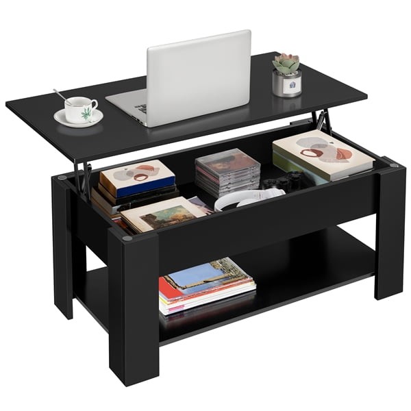 Yaheetech Modern Lift Top Coffee Table with hidden compartment and storage in black. The table features a lift-top design revealing a spacious hidden compartment for storing books, electronics, or decor items. Made of CARB P2 MDF with a heat- and water-resistant finish, it includes an additional lower shelf for extra storage. Ideal for small apartments, dorms, or living rooms.