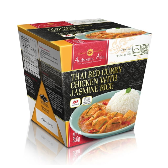 Authentic Asia Thai Red Curry Chicken with Jasmine Rice frozen meal box showing a 3/4 angled view with a plate of spicy red curry chicken and steamed jasmine rice, labeled 350g and microwaveable for quick preparation, suitable for convenient Asian frozen food meals.