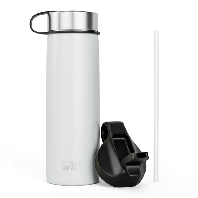 Costway 22 oz Double Wall Insulated Water Bottle Stainless Steel w/ 2 Lids & Straw
