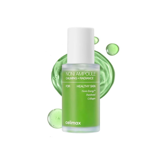 celimax The Real Noni Ampoule Énergétique - 30 ml, une Bouteille Verte avec un Bouchon Blanc, Conçue pour les Soins du Visage et de la Peau. l'Ampoule Présente des Bienfaits Apaisants et d'Éclat, Formulée avec 71,77 % d'Extrait de fruit du Noni, du squalane, du Céramide et de l'Acide Hyaluronique pour l'Hydratation et l'Éclat. des Gouttes Liquides Vertes en Arrière-Plan Mettent en Valeur Sa Formule Légère et Nourrissante, Convient à Tous les