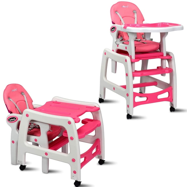 Costway Chaise Haute pour Bébé 3 en 1 avec Dossier Réglable et Plateaux Amovibles Rose