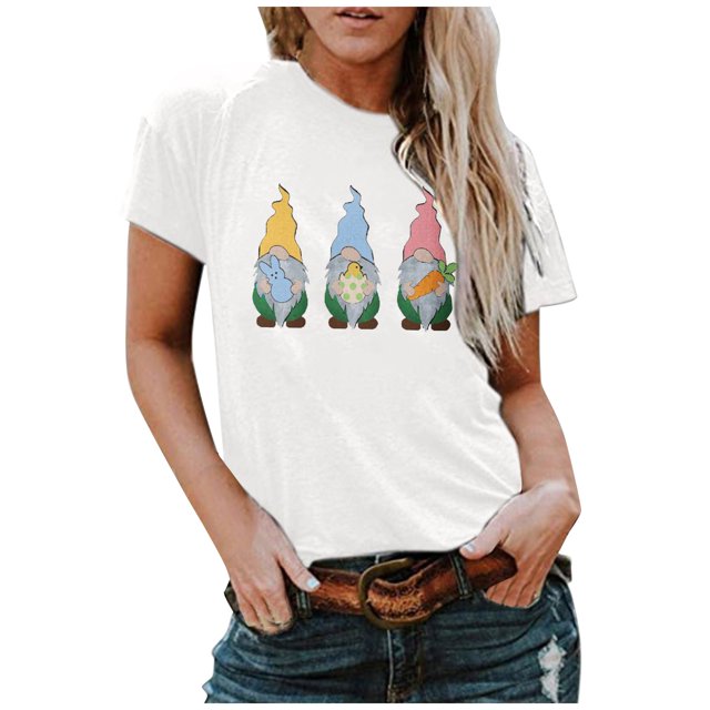 T-shirts d'Été Grande Taille pour Femmes, Pâques, Col Rond, Imprimé Nain, T-shirt Haut à Manches Courtes, Blouse Décontractée Ample, T-shirt à Col en V pour Femmes en Liquidation