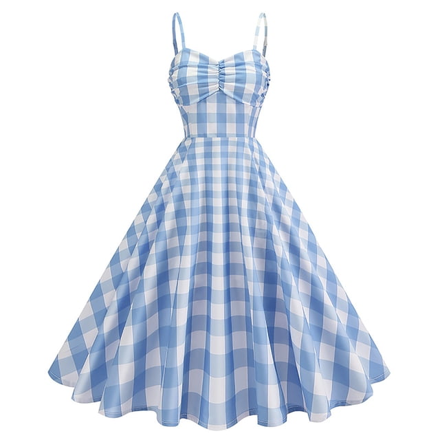 FcBaudy Robe Sans Manches à Col Rond, Robes d'Été pour Femmes, Robes pour Femmes Robe Vintage à Carreaux pour Femmes avec Ceinture, Bretelles, Grande Longueur Moyenne Robe Femme