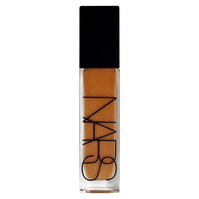NARS Natural Radiant Longwear Foundation - Huahine in a clear rectangular glass bottle with a black cap, containing warm tan liquid foundation with medium to full buildable coverage, natural finish, and up to 16 hours wear, suitable for all skin tones.