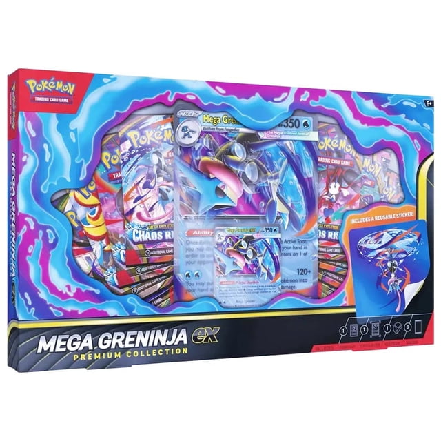 Pokemon Mega Greninja ex Premium Collection Box includes foil promo card and oversize lenticular Mega Greninja ex, tech sticker and eight Pokémon TCG booster packs; front-facing box image that highlights collector packaging and contents, often used for display or gifting.