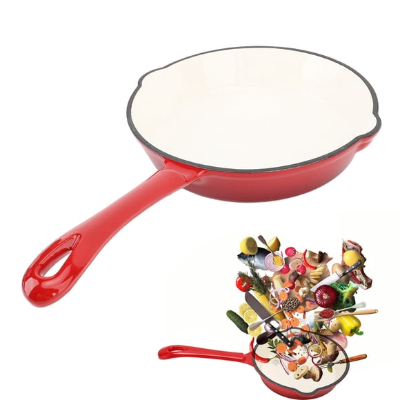 Cast Iron Skillet Enameled Frying Pan with Rubber Handle Cover, Perfect for Frying and Searing, Great for Camping Cooking and Grilling