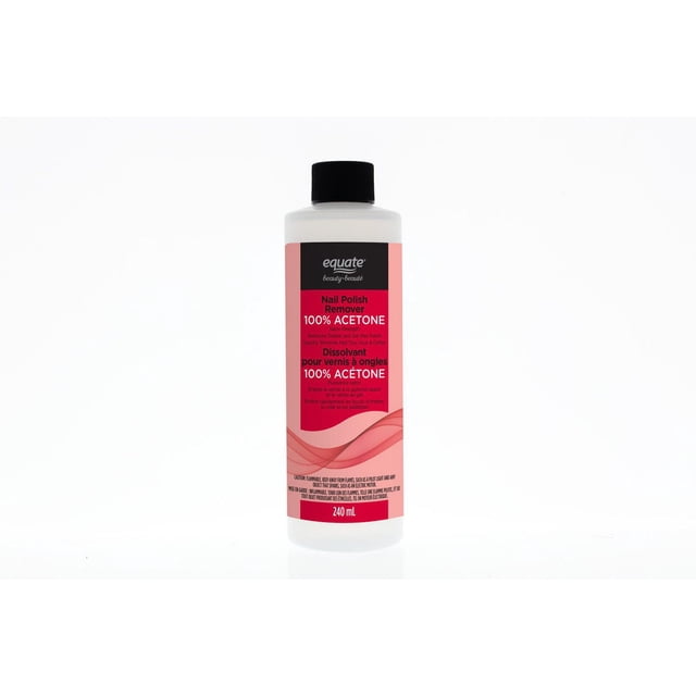 Equate Beauty Salon Strength 100% Acetone Nail Polish Remover in a 240 mL translucent plastic bottle with black screw cap and pink bilingual label, formulated to quickly remove shellac, gel polish, nail tips, glue, and glitter for effective nail care.