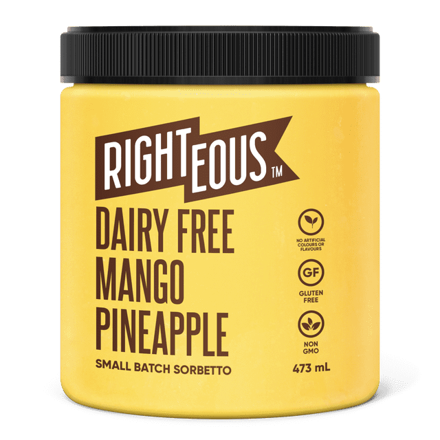 Righteous Gelato Dairy Free Mango Pineapple Sorbetto, RIGHTEOUS GELATO MANGO PINEAPPLE-Dairy Free Sorbetto combining cold pressed pineapple juice & Alphonso mangoes for a sweet finish.