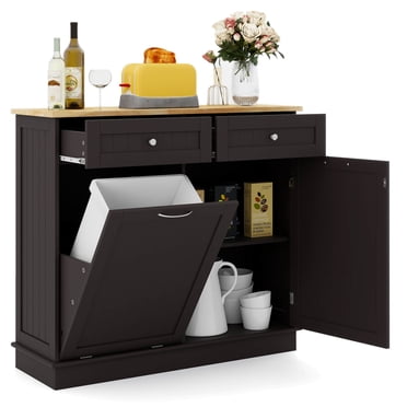 Costway Armoire à Déchets de Cuisine en Bois avec Bac Basculant, Tiroir et Tablette de Rangement, Café