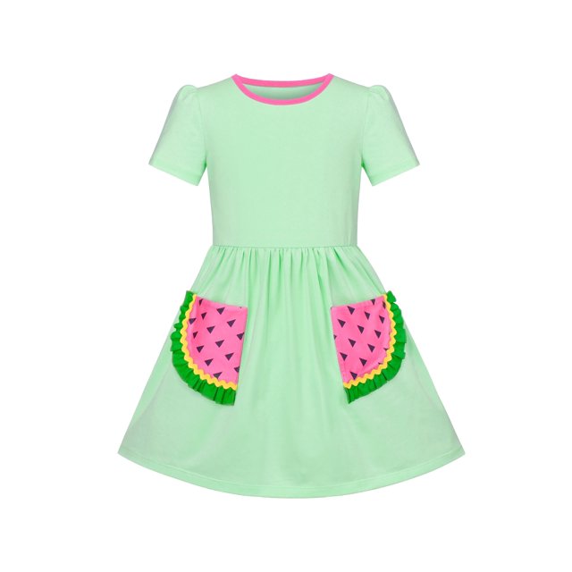 Girls Dress Green Ruffle Watermelon Pocket Everyday Short Sleeve 3 Years