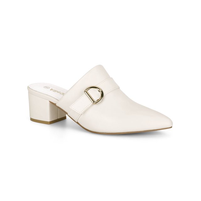 BLISSFUL STEP Outfit Women's Shoes Buckle Strap Pointed Toe Chunky Heel PU Vamp Mule Shoes White 9