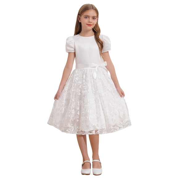 iefiel Girls Embroidery Flower Dress Lace Tulle Wedding Party Formal First Communion Dress Pageant Gown White 14