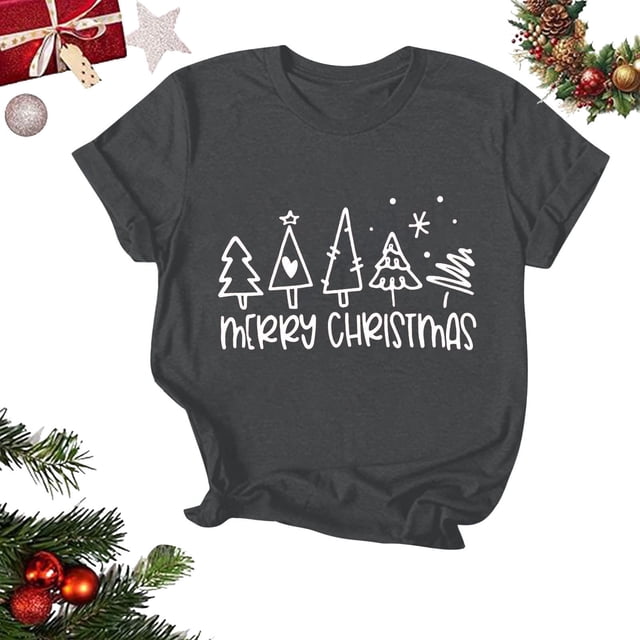 Amzcrzy Hauts d'Été pour Femmes Hauts de Noël Imprimés Col Rond Manches Courtes T-Shirt Haut Manches Courtes Col Rond T-Shirts pour Femmes Hauts Manches Courtes pour Femme