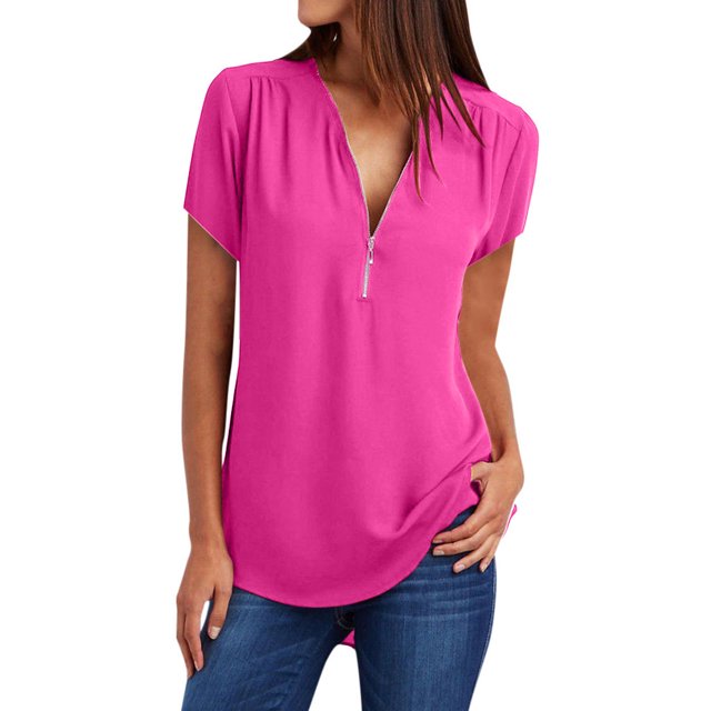 Cameland Chemises d'Été à Manches Courtes pour Femmes, Tunique Décontractée à Fermeture Éclair, Col en V, Blouse à Manches Roulables
