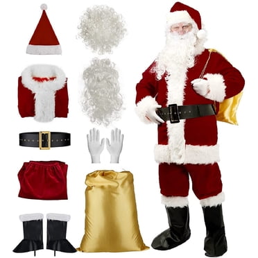 Men’s Santa Costume 10pcs Christmas Santa Claus Suit Deluxe Velvet Cosplay Party Suit Set for Adults