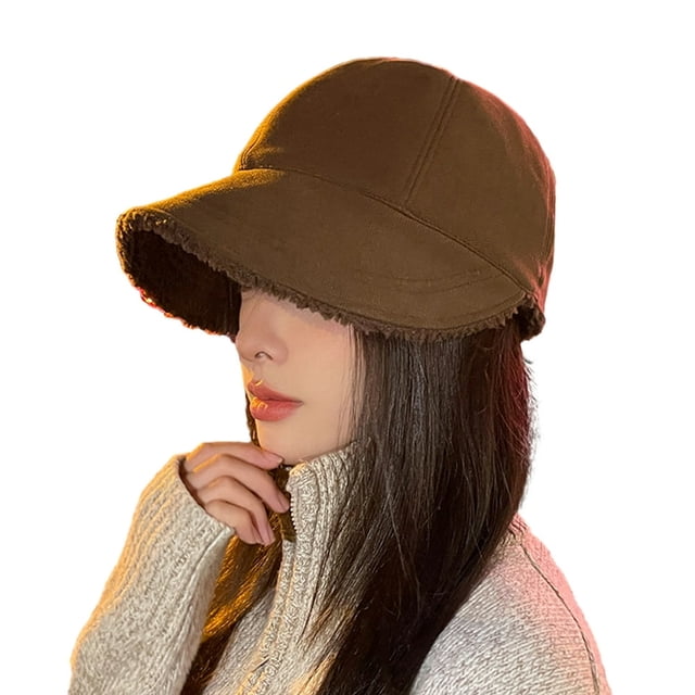 Women Winter Hat Thick Soft Plush Solid Color Wide Long Brim Soft Anti-slip Sun Protection Fisherman Hat Cold Resistant Outdoor P