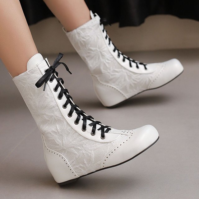Fankiway Bottes Mi-Mollet à Lacets pour Femmes Semelle Plate Bout Rond Style Vintage Bottes d'Hiver Mode Blanc