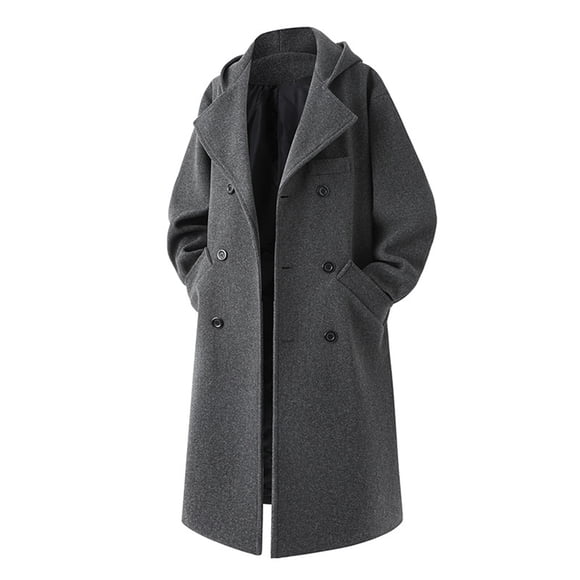 NTACZA Jackets Men Winter Gray Hooded Wool Peacoat Mid-Length Double-Breasted Trench Coat Men Outerwear Jacket,L