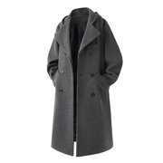NTACZA Jackets Men Winter Gray Hooded Wool Peacoat Mid-Length Double-Breasted Trench Coat Men Outerwear Jacket,L