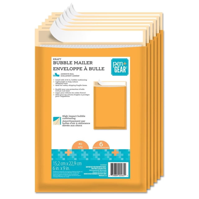 Pen+Gear Kraft Bubble Mailer #0, pack of six 6 by 9 inch (15.2 by 22.9 cm) bubble mailers with golden kraft exterior, adhesive self-seal closure, and 3/16 inch high impact bubble cushioning lining for lightweight, protective shipping of fragile items, also suitable for mailing documents or small electronics.