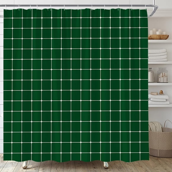 Dark Green Plaid Shower Curtain, Minimalist Geometric Waterproof Bathroom Curtain with Hooks, Boho Farmhouse Bathroom Decor 72"W x 72"H