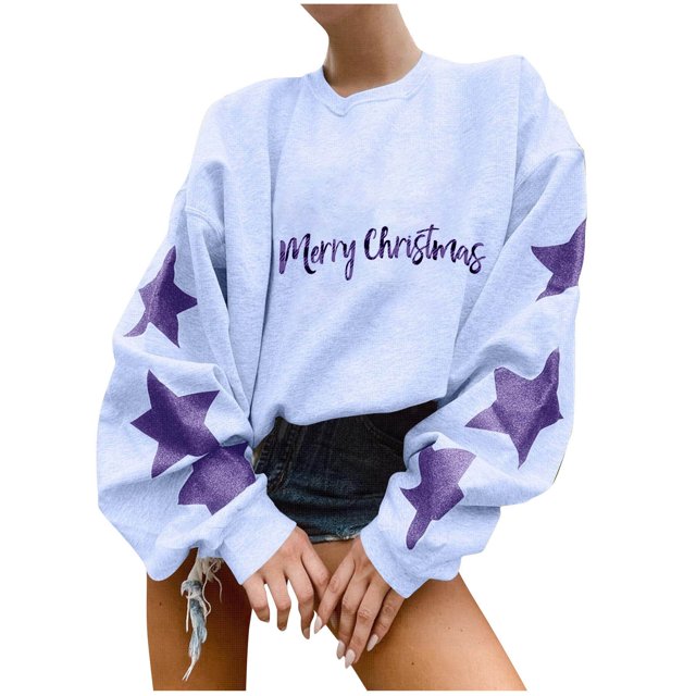 Pisexur Chandails en Molleton de Noël pour Femmes Manches Longues Col Rond Mode Étoiles Imprimé Vacances Chandail Décontracté Ample Automne