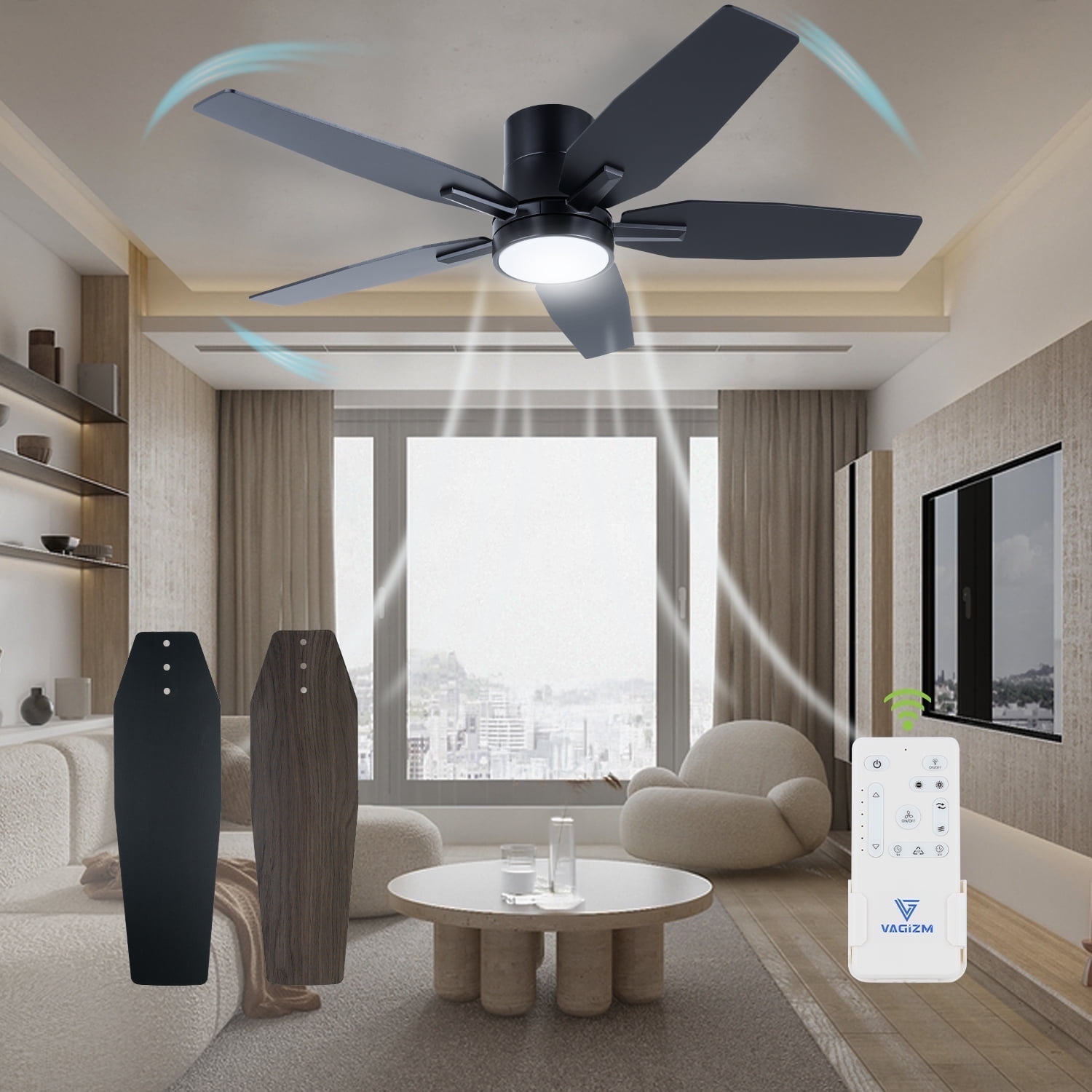 VAGIZM 52 Inch Flush Mount Ceiling Fan with Light - 5 Blades