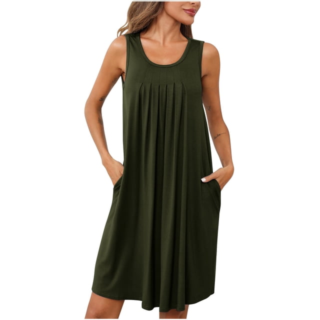 Dvkptbk Robe d'Été de Plage pour Femme 2024 Décontractée à Col Rond à Manches Courtes Robe Débardeur Mini Robes Fluide à Volants Boho Robe Soleil avec Poches P-2TG