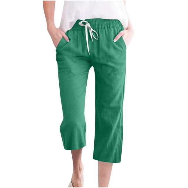 Penkiiy Pantalon Capri Extensible Léger à Taille Haute pour Femmes avec Poches, Vert, m