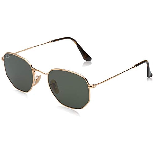 Ray Ban Sunglasses - 0RB3548N with gold metal hexagonal frame and green classic G-15 non-polarized lenses, 51mm lens width, 21mm bridge, and 145mm arm length, offering 100% UVA/UVB protection, ideal for adult accessories.