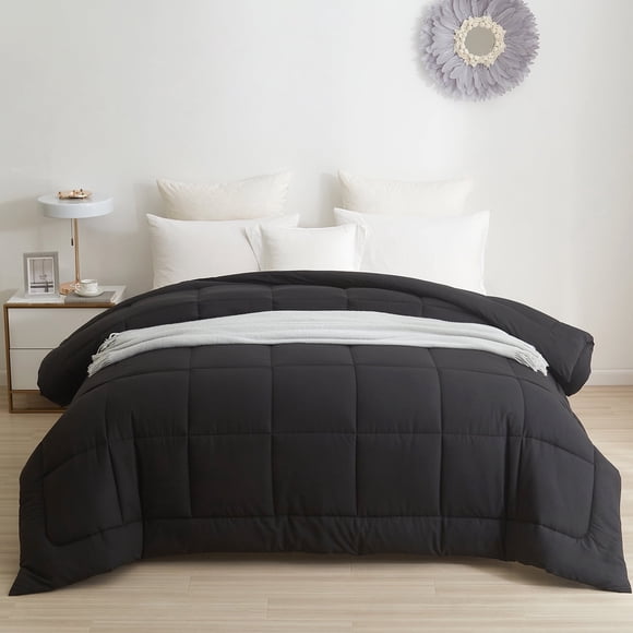 BedTreat Down Alternative Comforter with Corner Tabs - All Season Quilted Twin Size 240 GSM Black Comforter, Machine Washable Microfiber Bedding