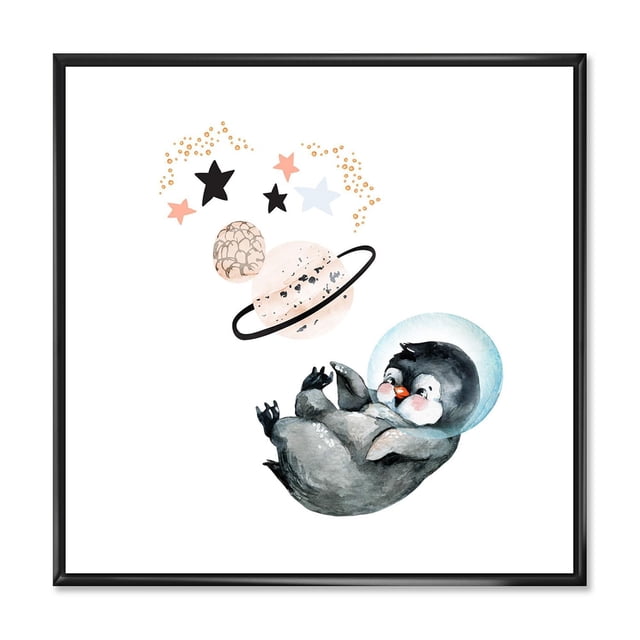 Designart Petit Pingouin avec Étoiles et Planètes I FLOAT Cadre Mural ART Représente une Aquarelle Centrée d'Un Bébé Pingouin Gris Portant un Casque d'Astronaute transparent Flottant parmi des Planètes pastel et des Étoiles Noires, Roses et Blanches sur Toile de Coton Blanche de Qualité Supérieure, Enveloppé dans une Galerie sur un Cadre Flottant en Bois Noir de 1 Po, Prêt à Accrocher et Idéal pour la Déco de Chambre de Bébé Ou d'Enfant.