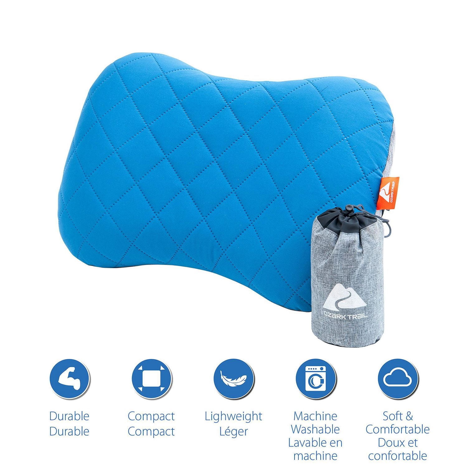 Ozark Trail, oreiller gonflable avec housse, ultra-léger, idéal pour le camping, la randonnée ou les voyages, convient à tous les âges, sac de transport inclus, couleur bleue.